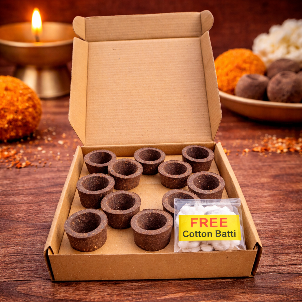 2-in-1 Organic Mustard Khal Diya (Pack of 12) with Free Cotton Batti – Pooja Deepak & Plant Fertilizer, Use with Oil or Ghee, Eco-Friendly