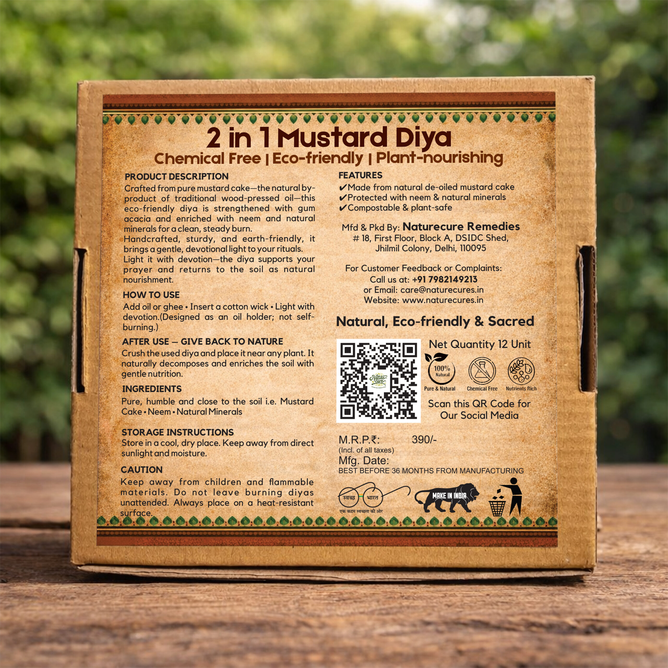 2-in-1 Organic Mustard Khal Diya (Pack of 12) with Free Cotton Batti – Pooja Deepak & Plant Fertilizer, Use with Oil or Ghee, Eco-Friendly