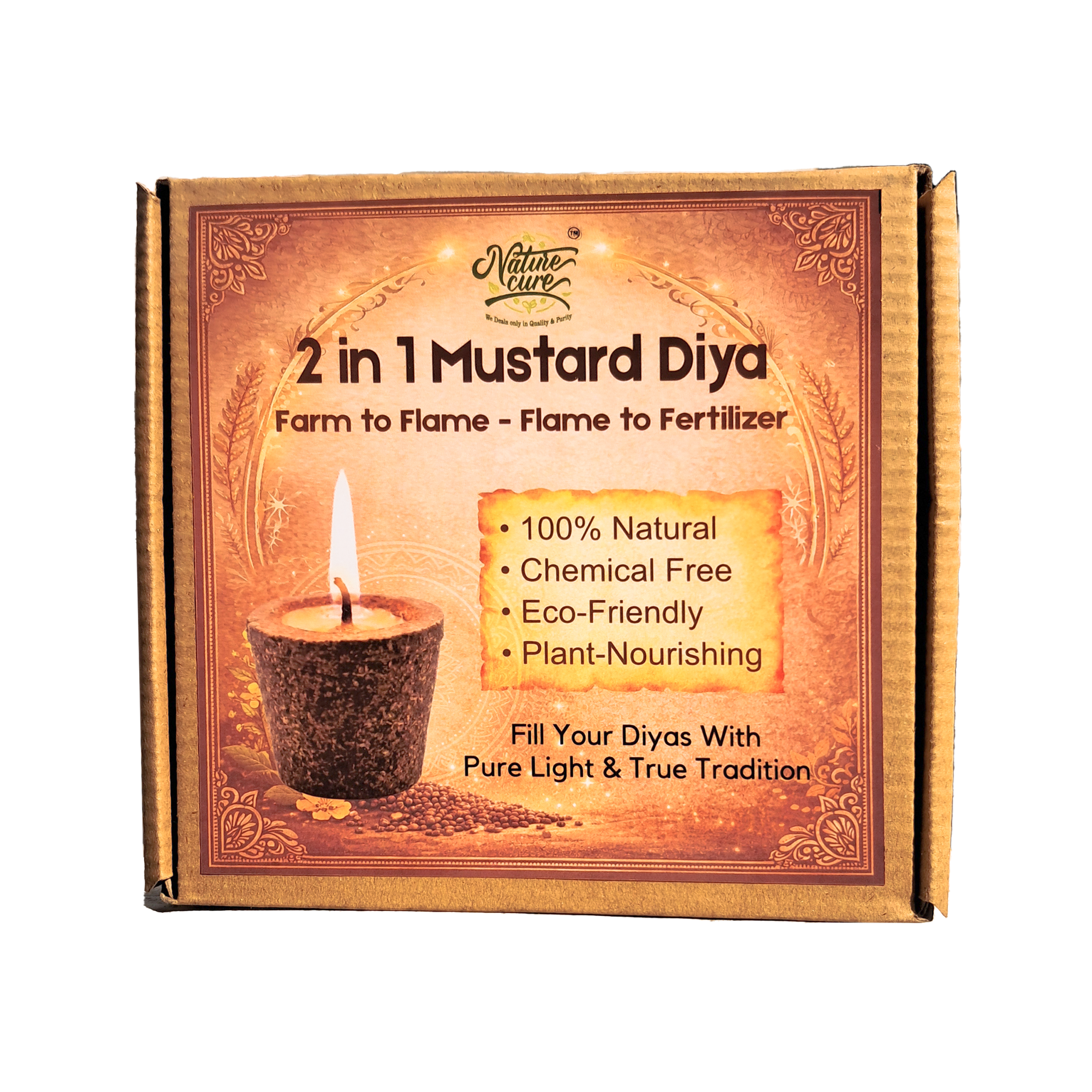 2-in-1 Organic Mustard Khal Diya (Pack of 12) with Free Cotton Batti – Pooja Deepak & Plant Fertilizer, Use with Oil or Ghee, Eco-Friendly