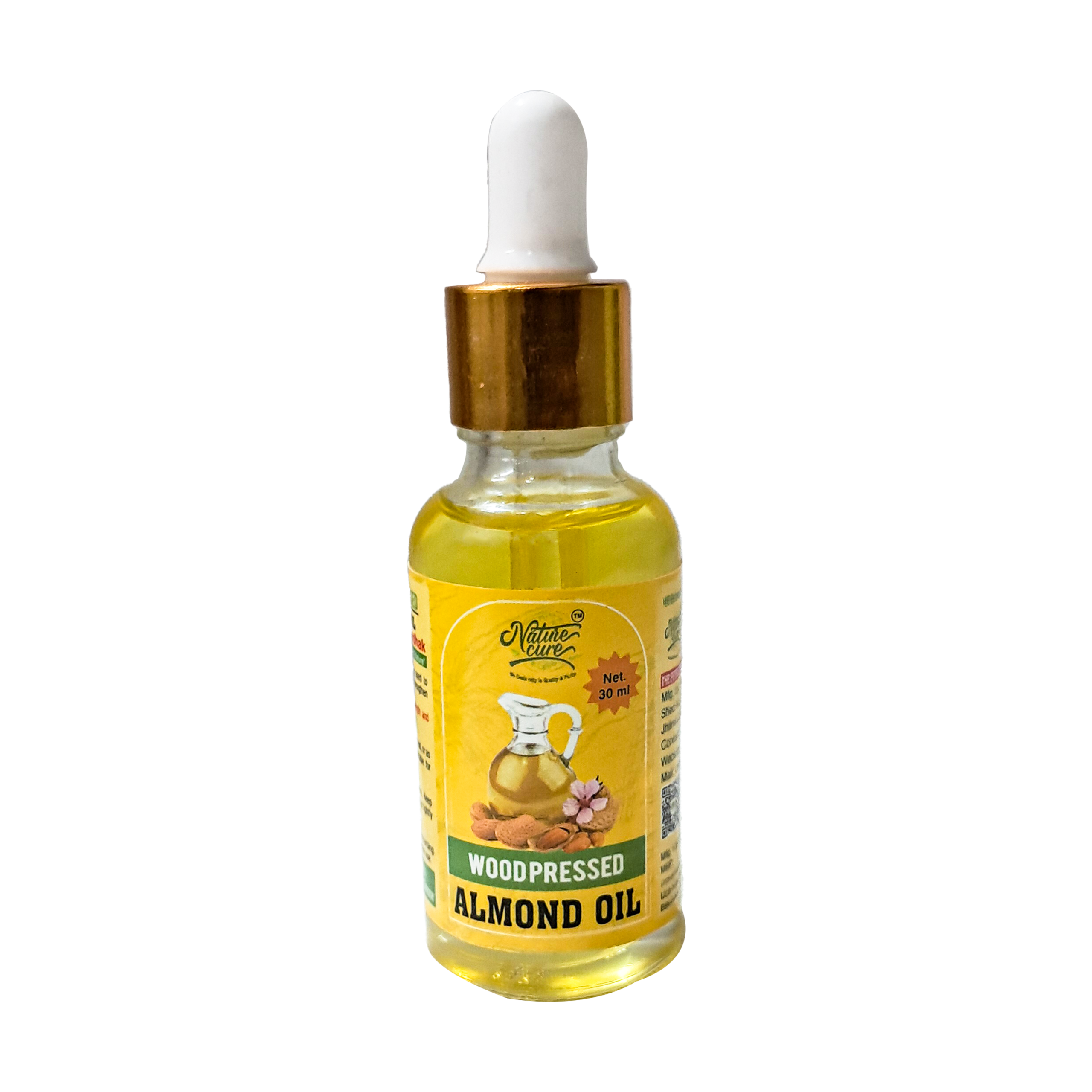 Naturecure wood pressed almond oil 30ml glass dropper bottle isolated on white background