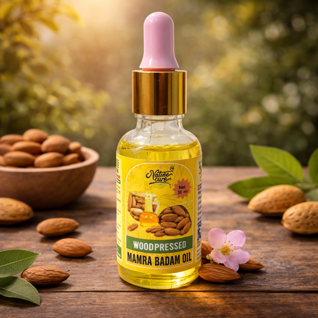 Naturecure wood pressed mamra badam oil 30ml glass dropper bottle with almonds on wooden background
