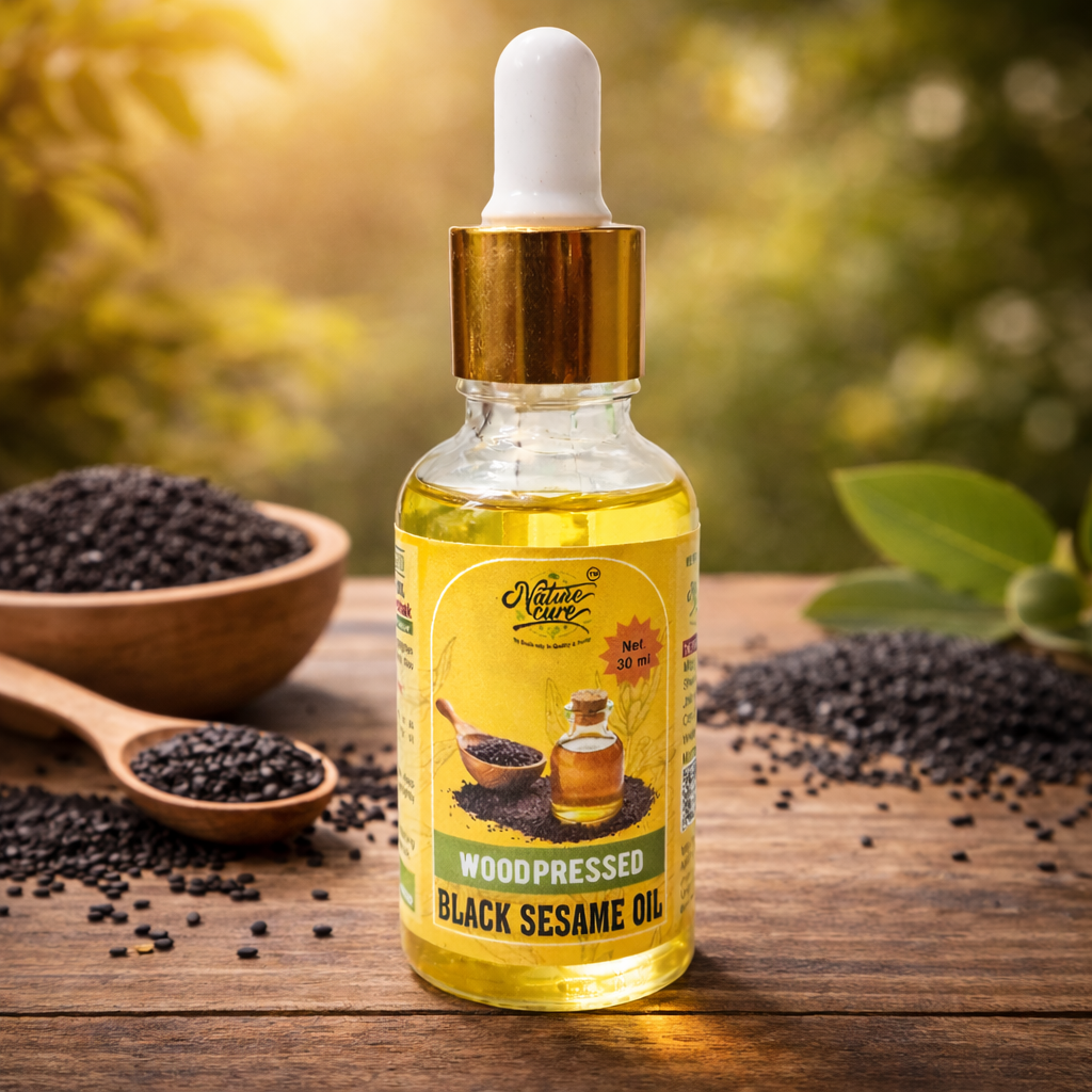Naturecure wood pressed black sesame oil 30ml with black sesame seeds on wooden background
