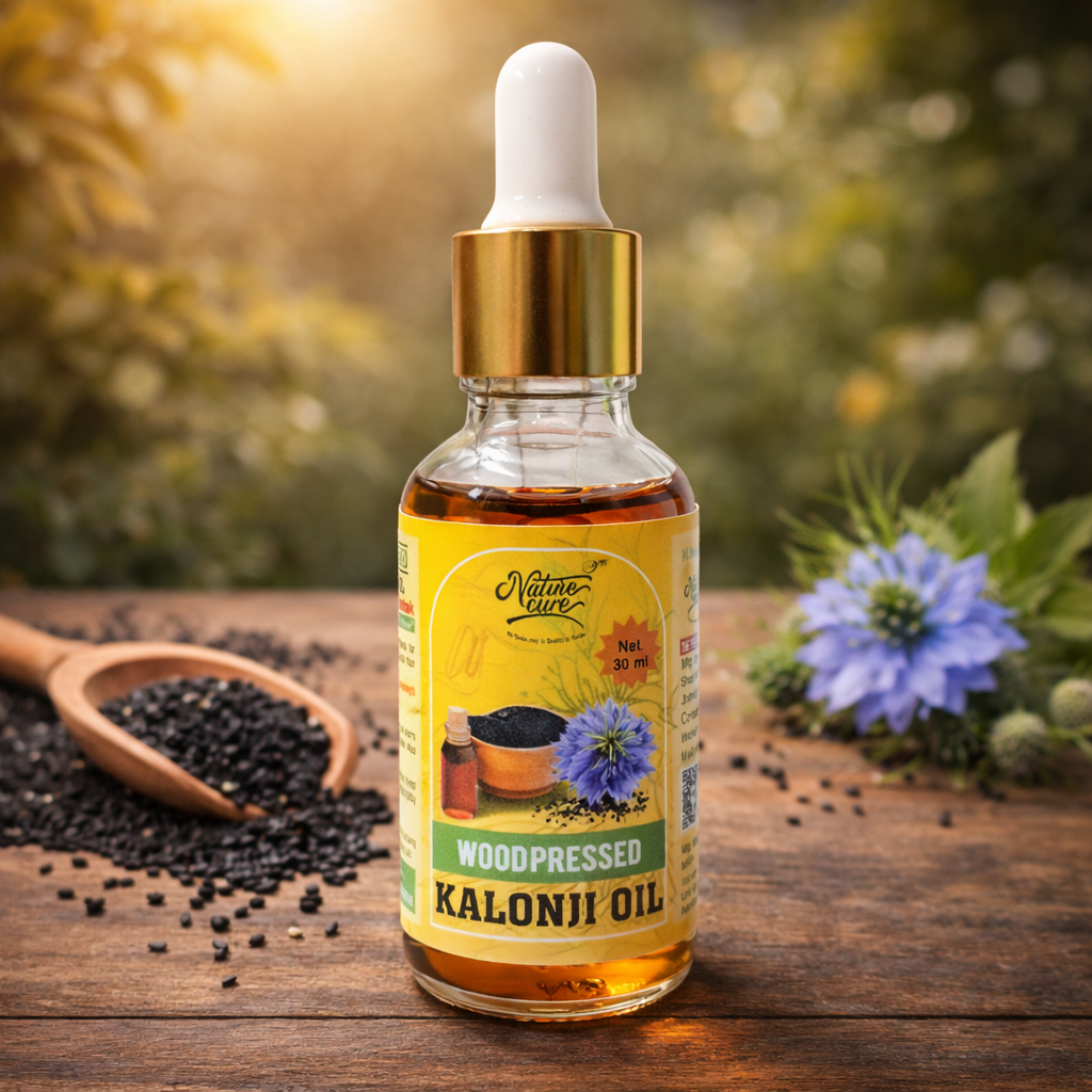 Naturecure wood pressed kalonji oil 30ml bottle with black seeds and flower on wooden background