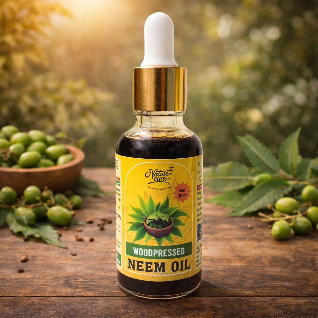Naturecure wood pressed neem oil 30ml glass dropper bottle for skin hair and plant care