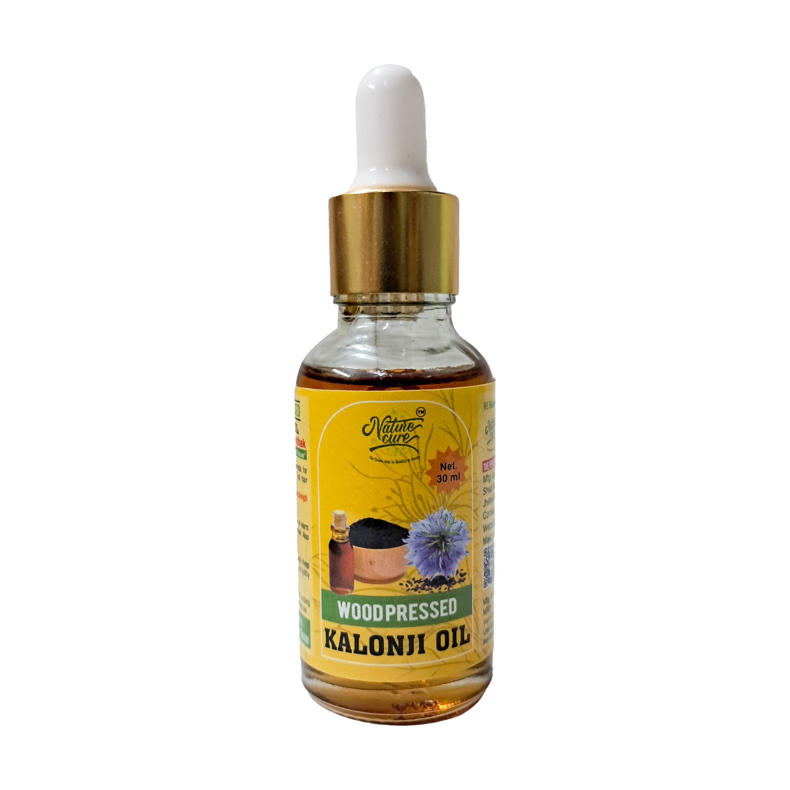 Naturecure wood pressed kalonji oil 30ml glass dropper bottle isolated on white background