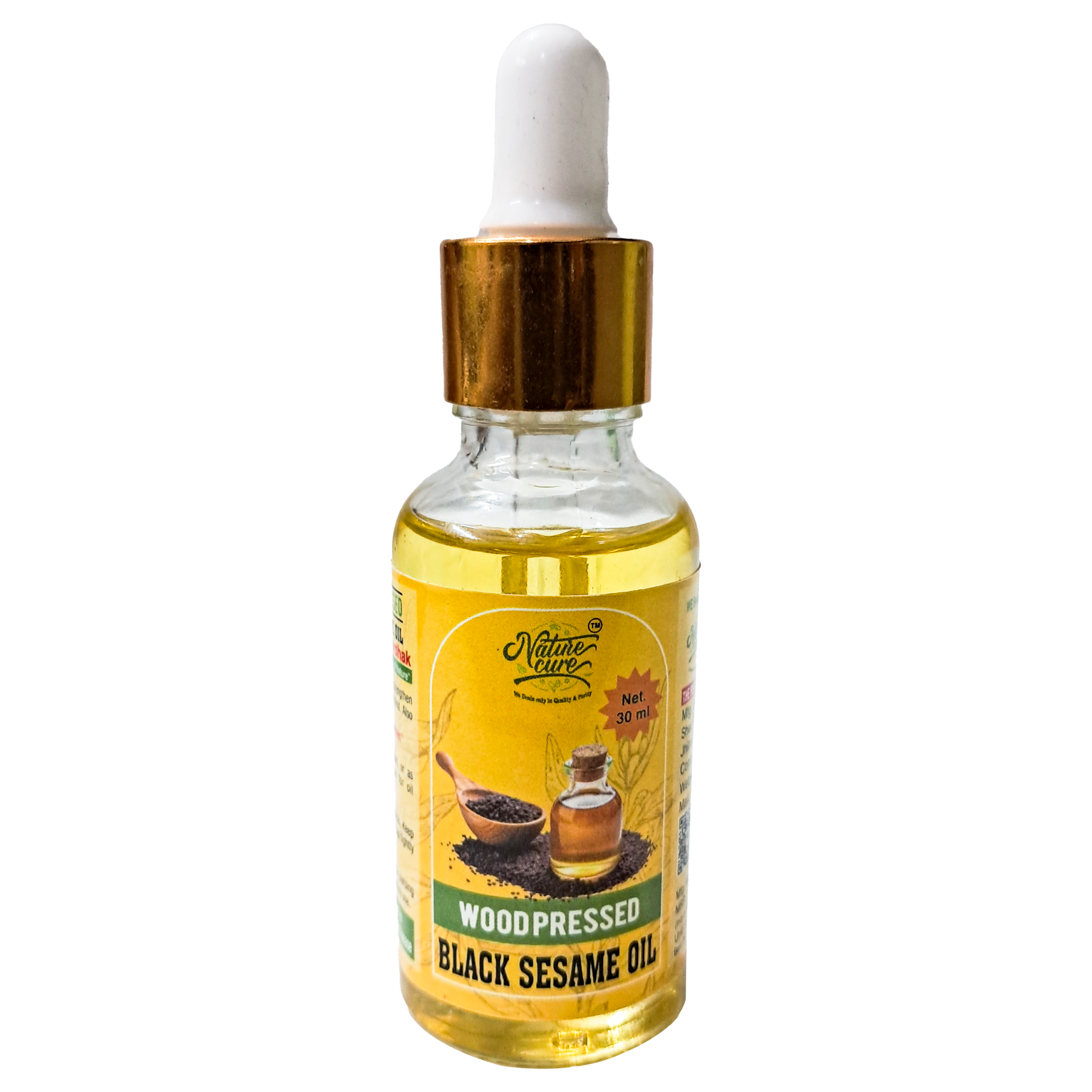 Naturecure wood pressed black sesame oil 30ml glass dropper bottle isolated on white background