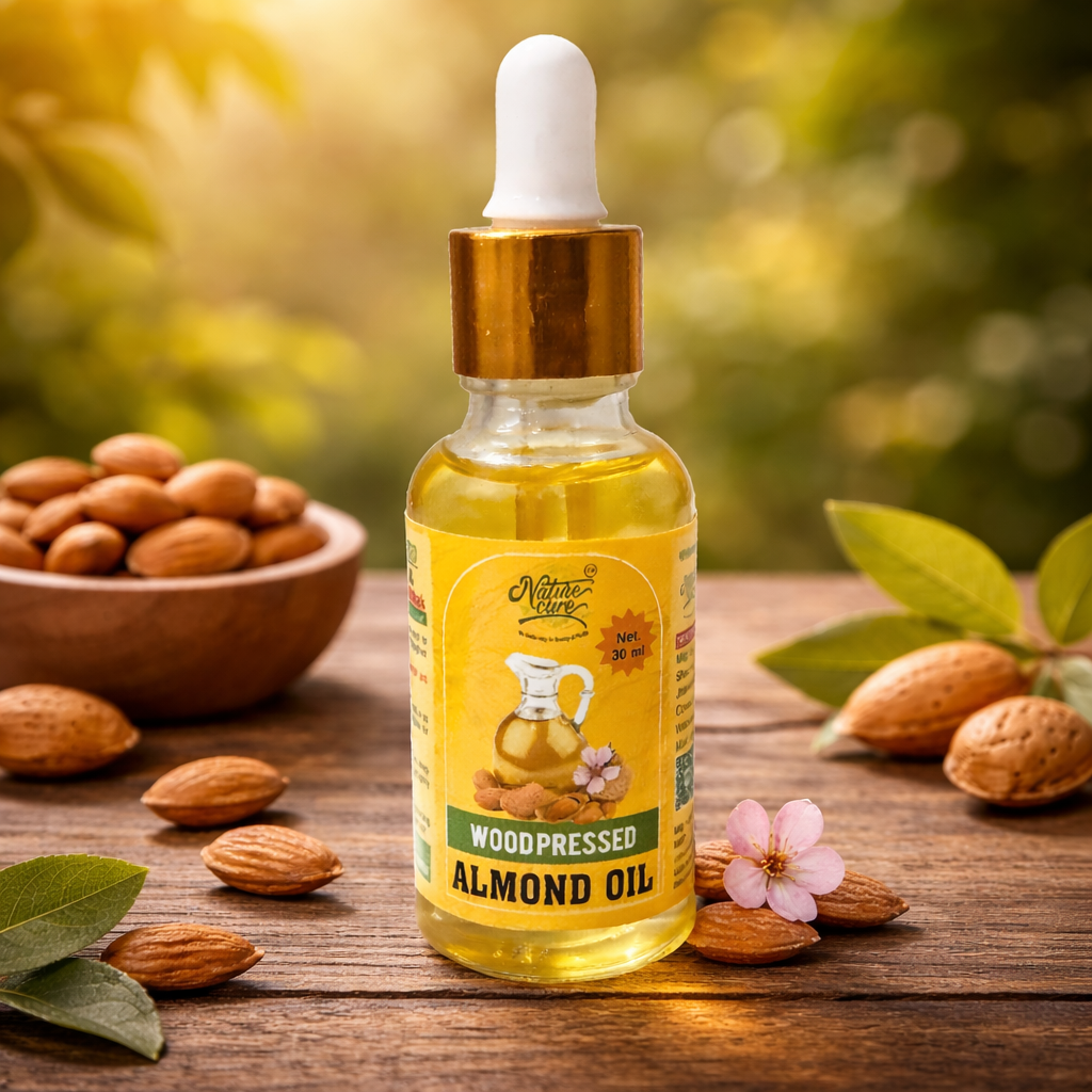 Naturecure wood pressed almond oil 30ml with almonds on wooden surface natural background