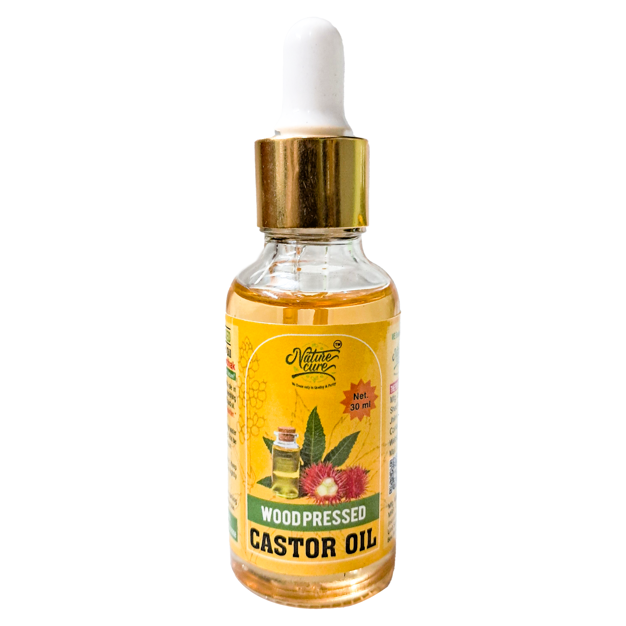 Naturecure wood pressed castor oil 30ml glass dropper bottle isolated on white background