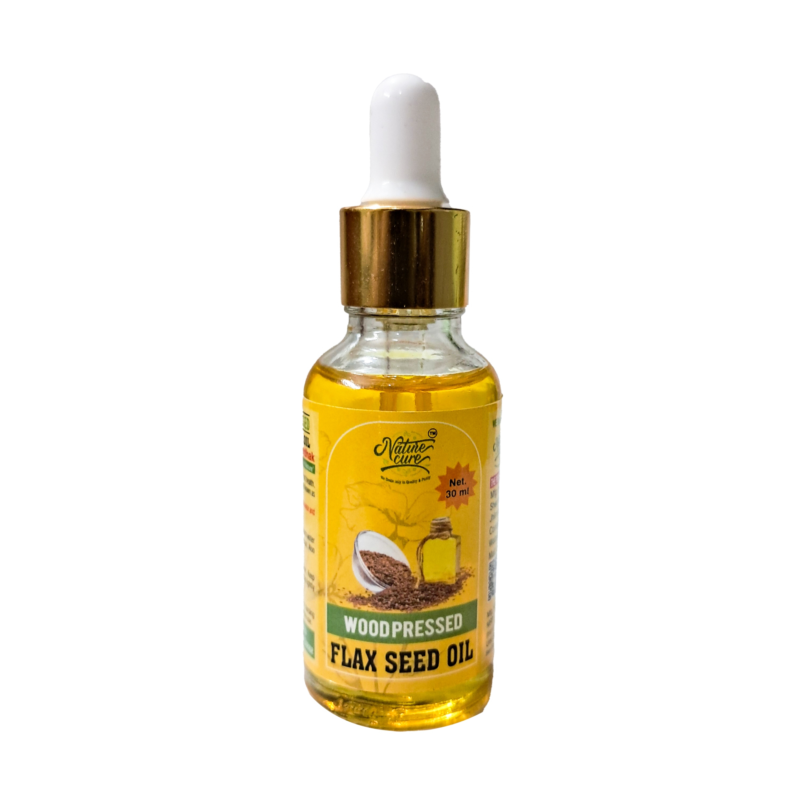 Naturecure wood pressed flax seed oil 30ml glass dropper bottle isolated on white background