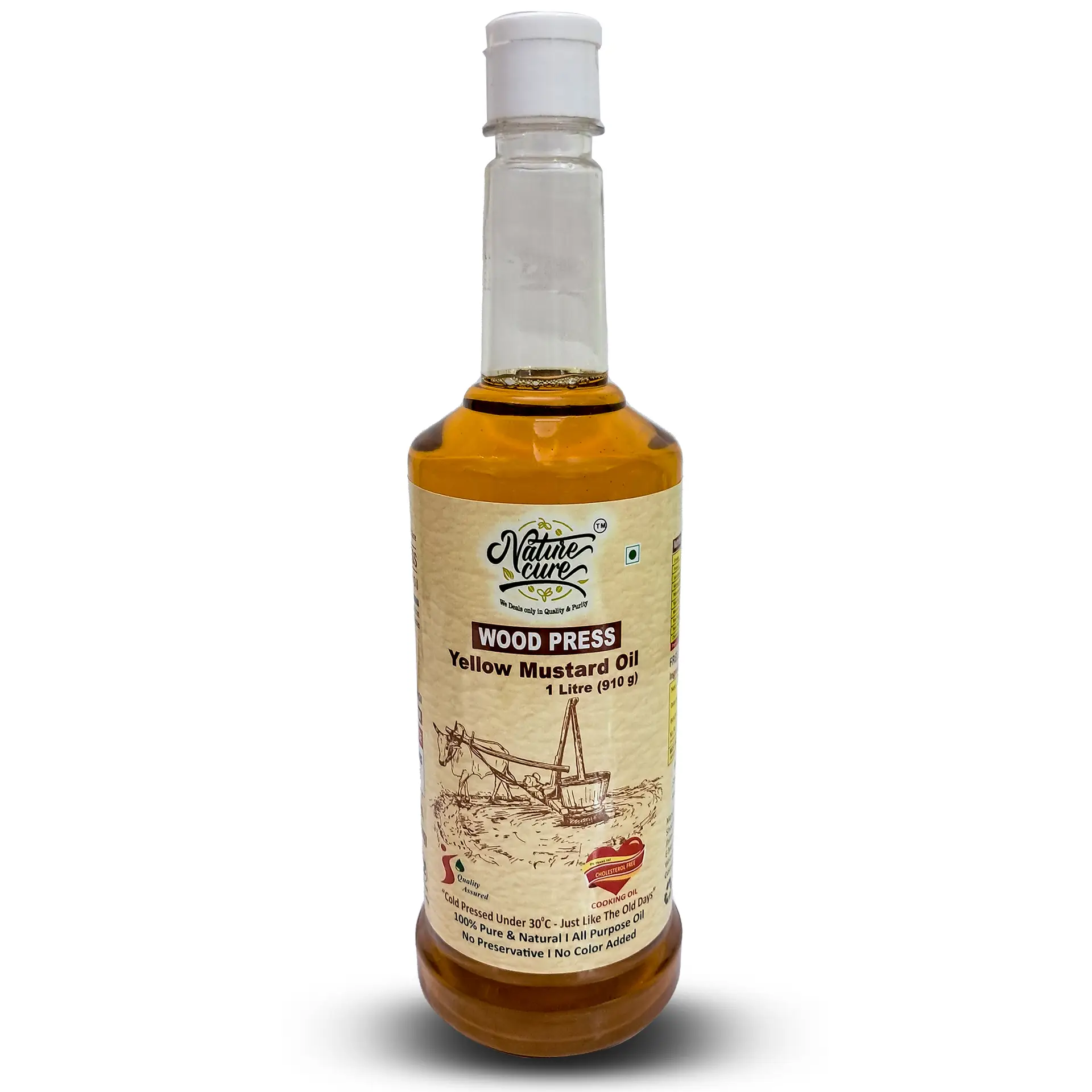 Naturecure Wood Pressed Yellow Mustard Oil in a 1-liter glass bottle